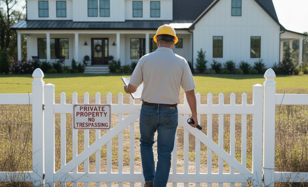 Municipal inspector near property fence